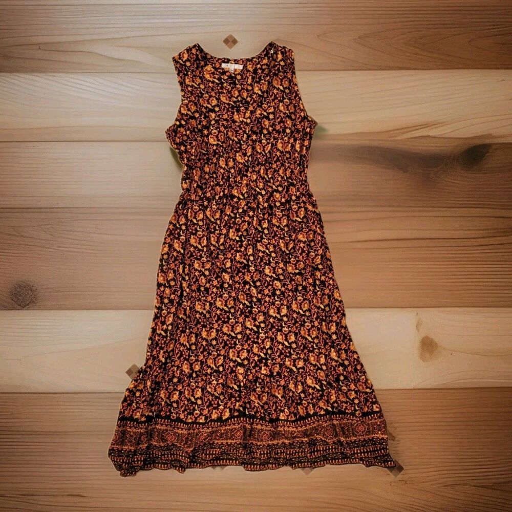 DR2 Midi Boho Sundress Large Black Orange Floral Print Sleeveless Rayon